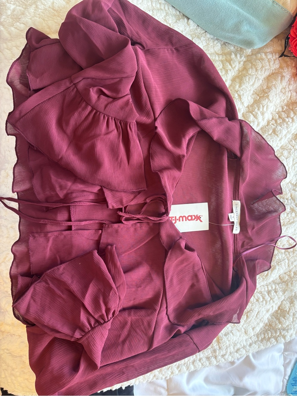 Sincerely Jules Deep Burgundy Ruffled Tie-Front Top